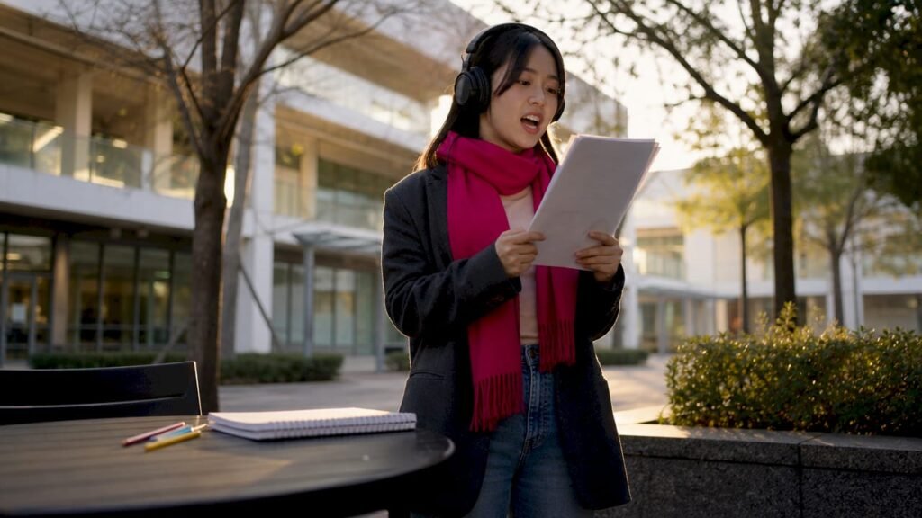 Student practicing pronunciation with headphones in library