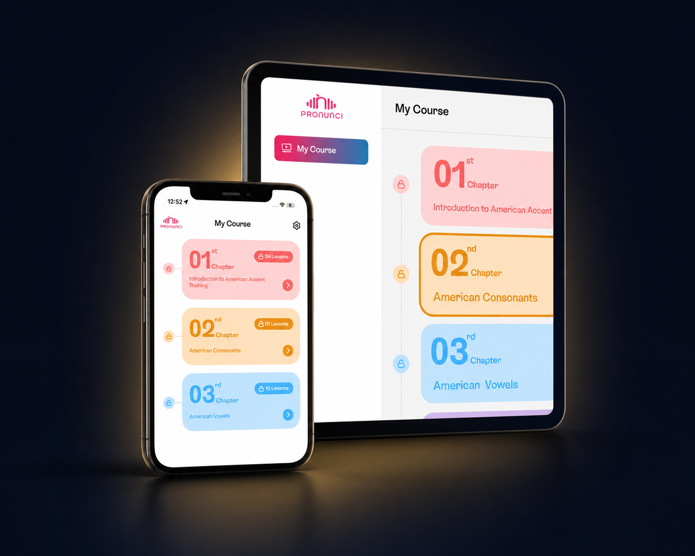 InPronunci app — mobile and web course interface showing structured American Accent Training chapters
