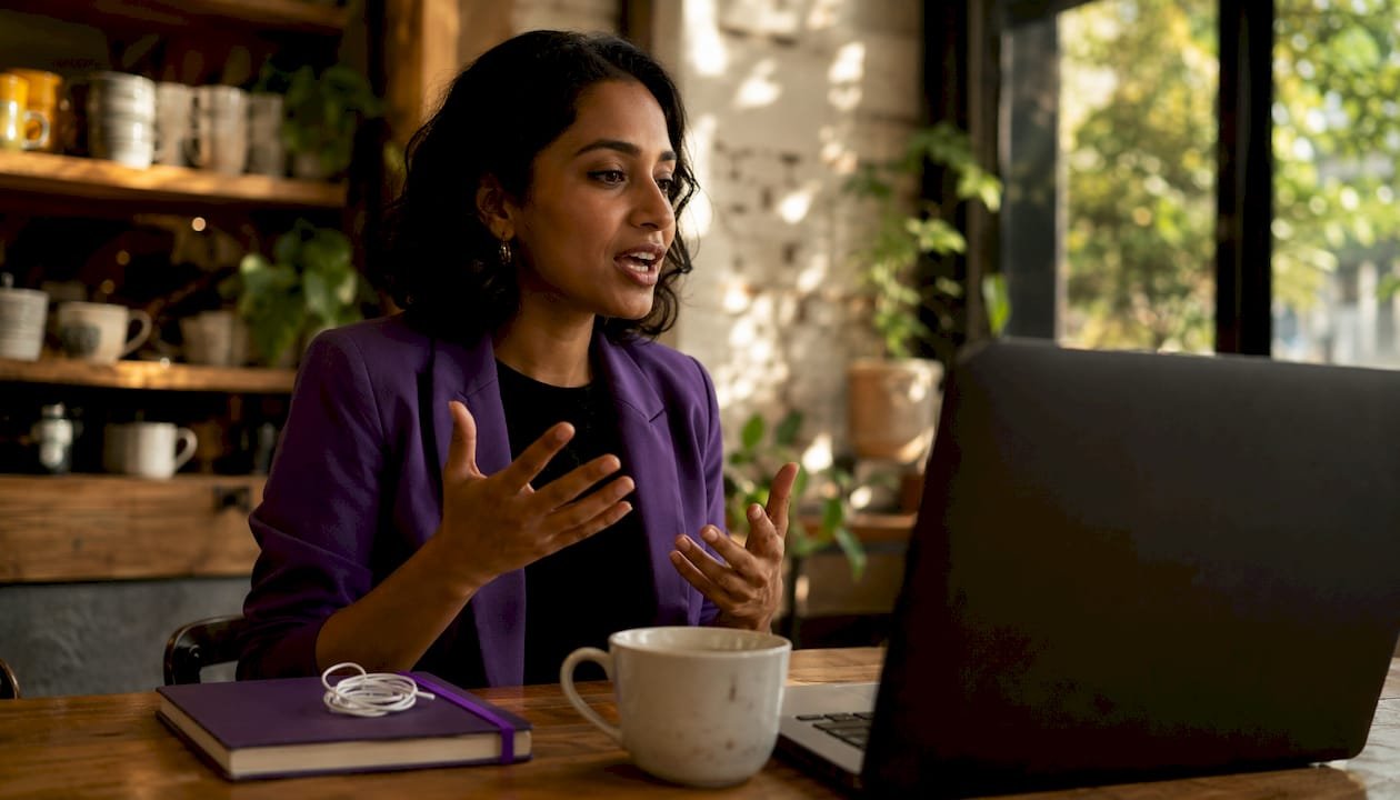 Professional woman speaking clearly in virtual meeting