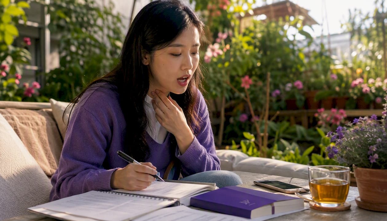Student practicing pronunciation aloud at desk