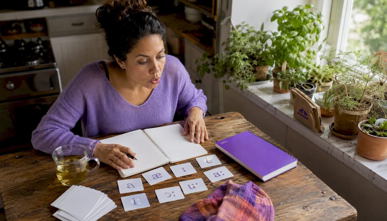 Person practicing vowel sounds at desk