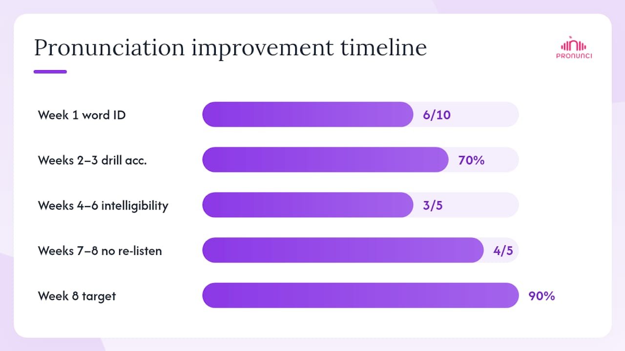 Timeline infographic of pronunciation improvement stages