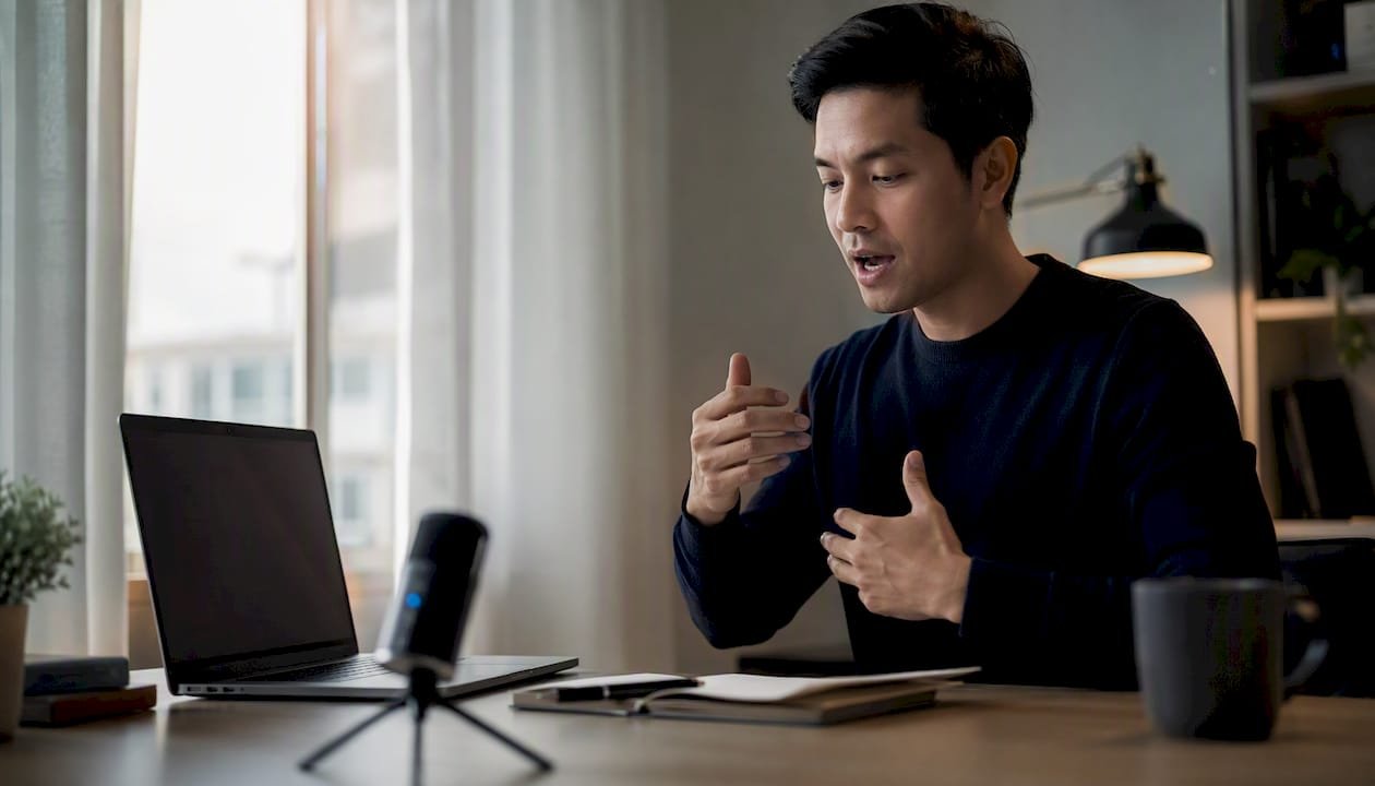Professional shadowing pronunciation drills in home office