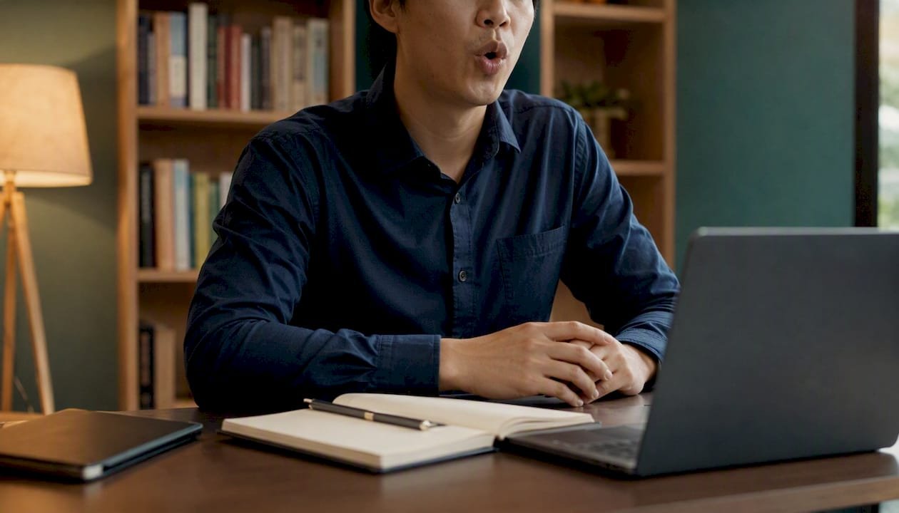 ESL learner articulating American speech training in coaching room