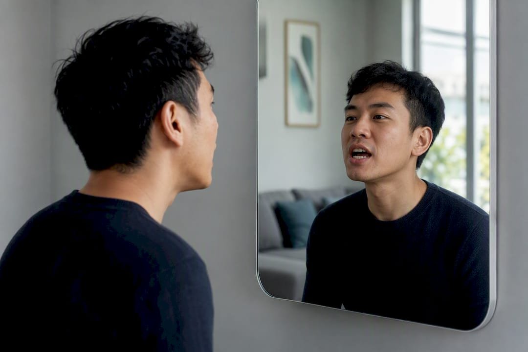 Professional practicing pronunciation with mirror