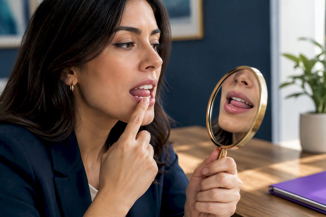Learner practicing English th sound in mirror