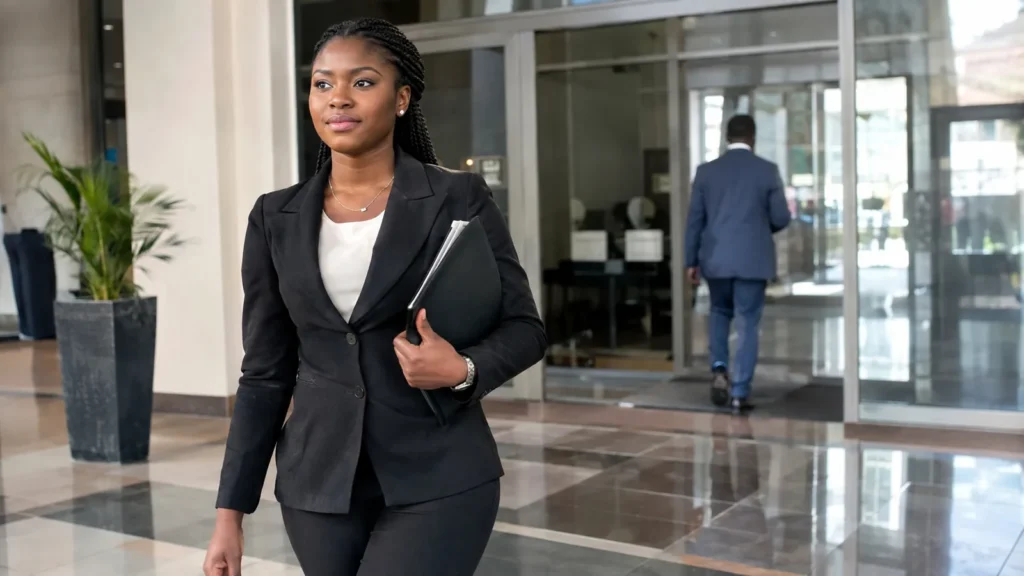 Professional woman walking into an office building - Accent Training Milestones and Career Readiness