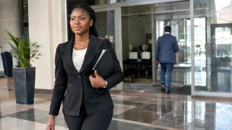 Professional woman walking into an office building - Accent Training Milestones and Career Readiness