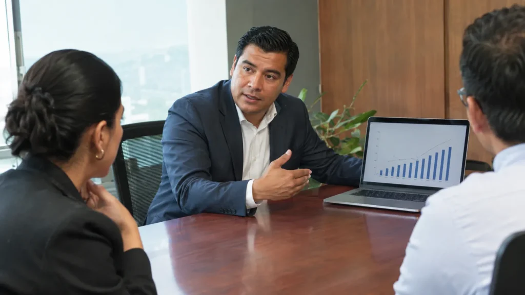 Salesman presenting to clients at a conference table - American English Pitch and Intonation for Sales