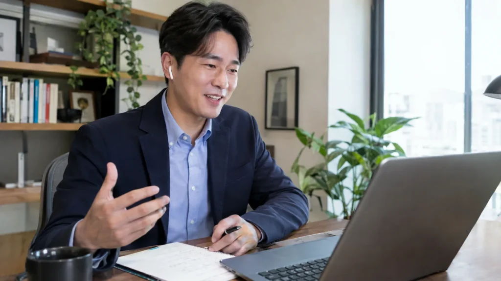 Businessman speaking on a video call in a home office - Best Tools to Sound More American Professionally