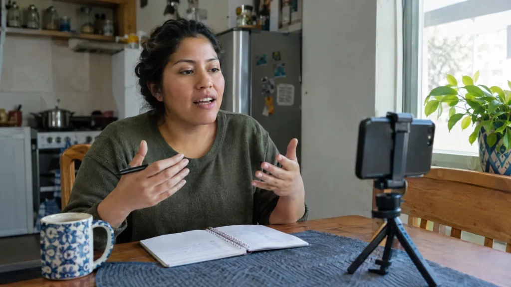 Woman practicing English out loud with her phone recording - Fix Final s and es in 5 Minutes: American Accent Routine