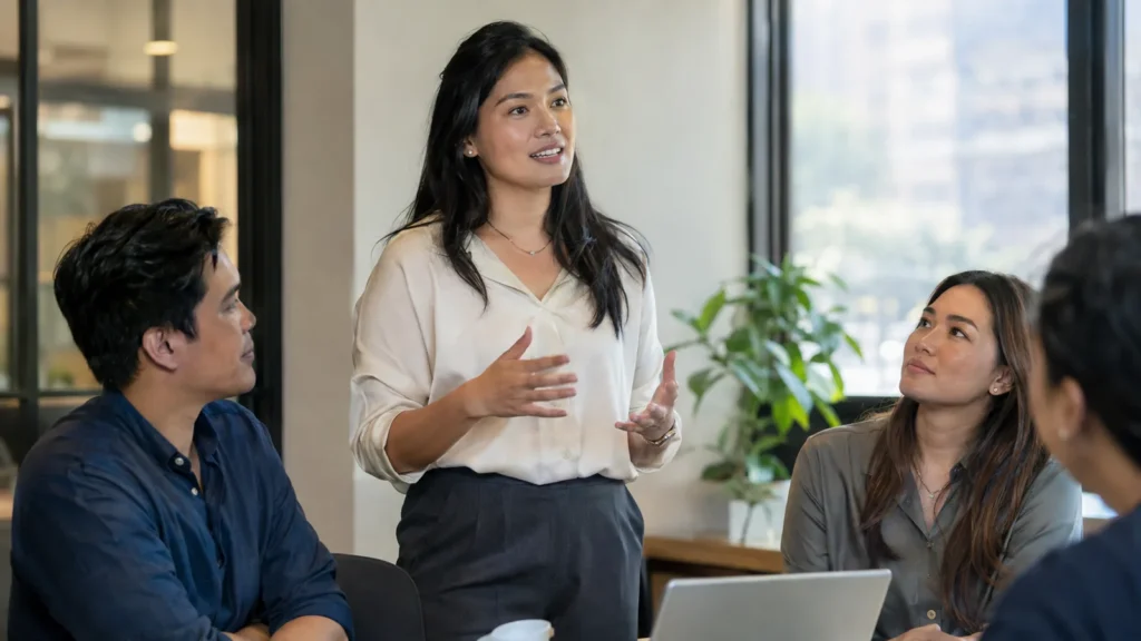 Confident woman speaking at a team meeting - How Intonation Shapes Confident Speech