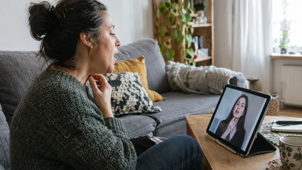 Adult learner repeating words from a lesson on a tablet - InPronunci: Accent Training App | Speech Organs Education First