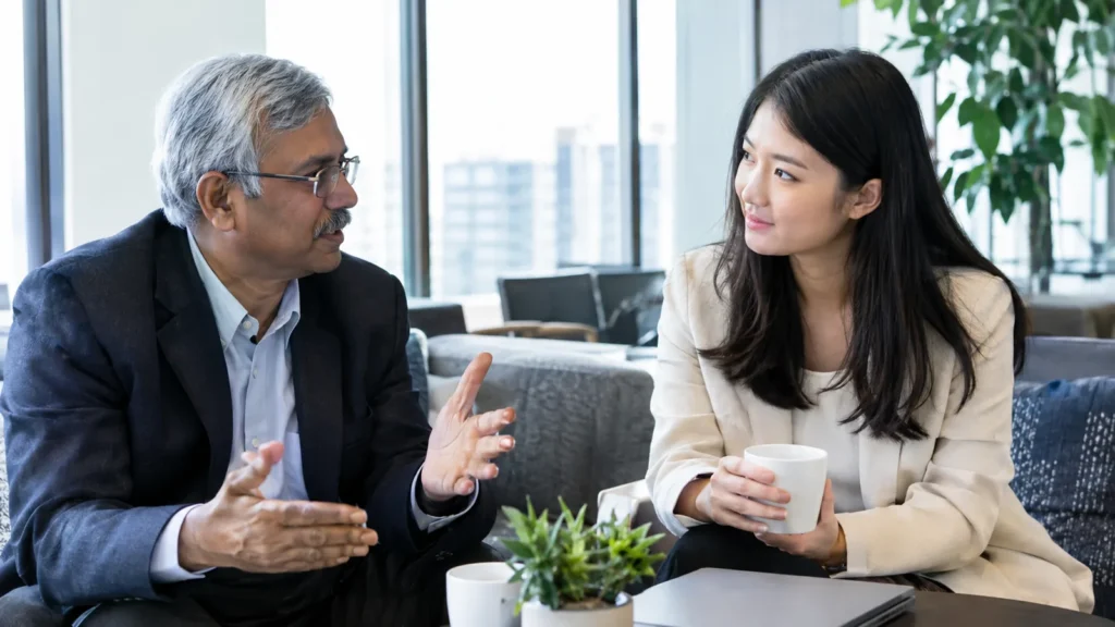 Mentor coaching a young professional over coffee - Pronunciation Coaching for Career Growth