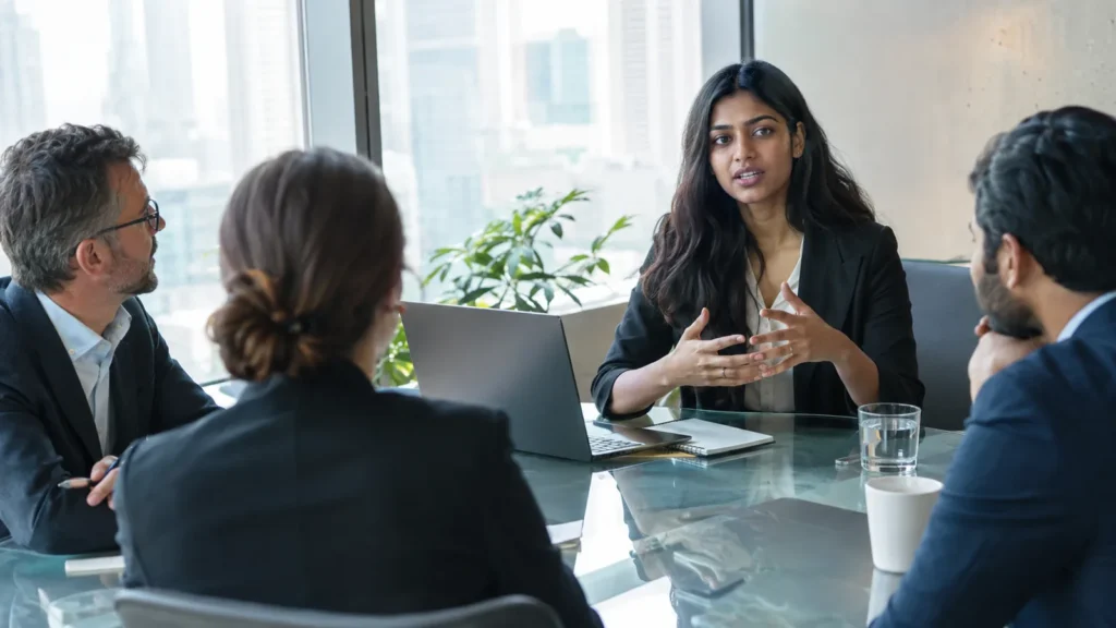 Woman pitching an idea to investors in a modern office - Stress and Emphasis in English Pitches — InPronunci: Accent Training App