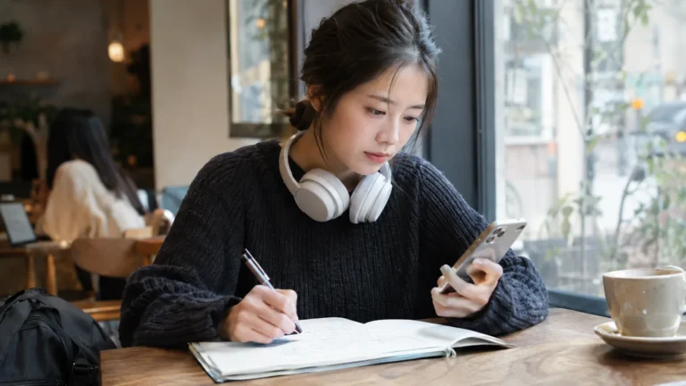 Woman studying on her phone and taking notes at a cafe - Structured Pronunciation Training vs Apps Explained