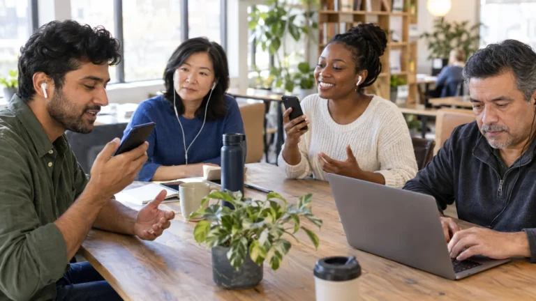 Diverse adult learners practicing English pronunciation on smartphones and laptops - The 8 Best Pronunciation Learning Apps for Adult Learners