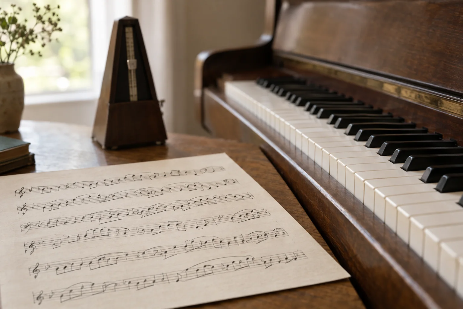 English intonation and stress practice: sheet music with rising and falling melody lines next to piano keys and a metronome