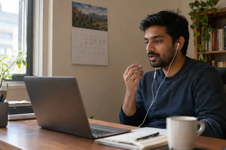 Engineer practicing American accent pronunciation out loud at a home desk with a laptop and earphones