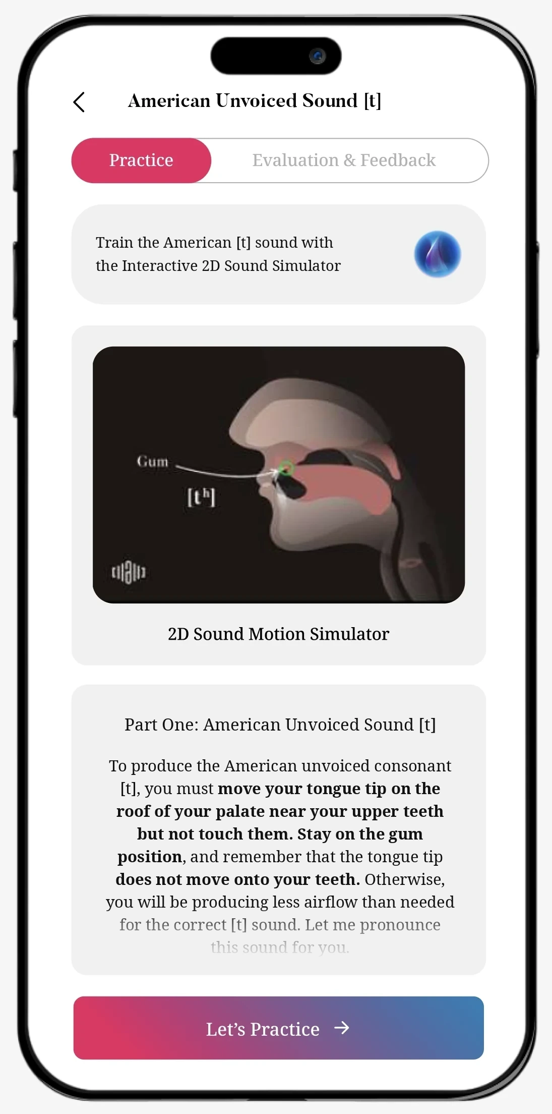 InPronunci app screen: American Unvoiced Sound [t] with the 2D Sound Motion Simulator