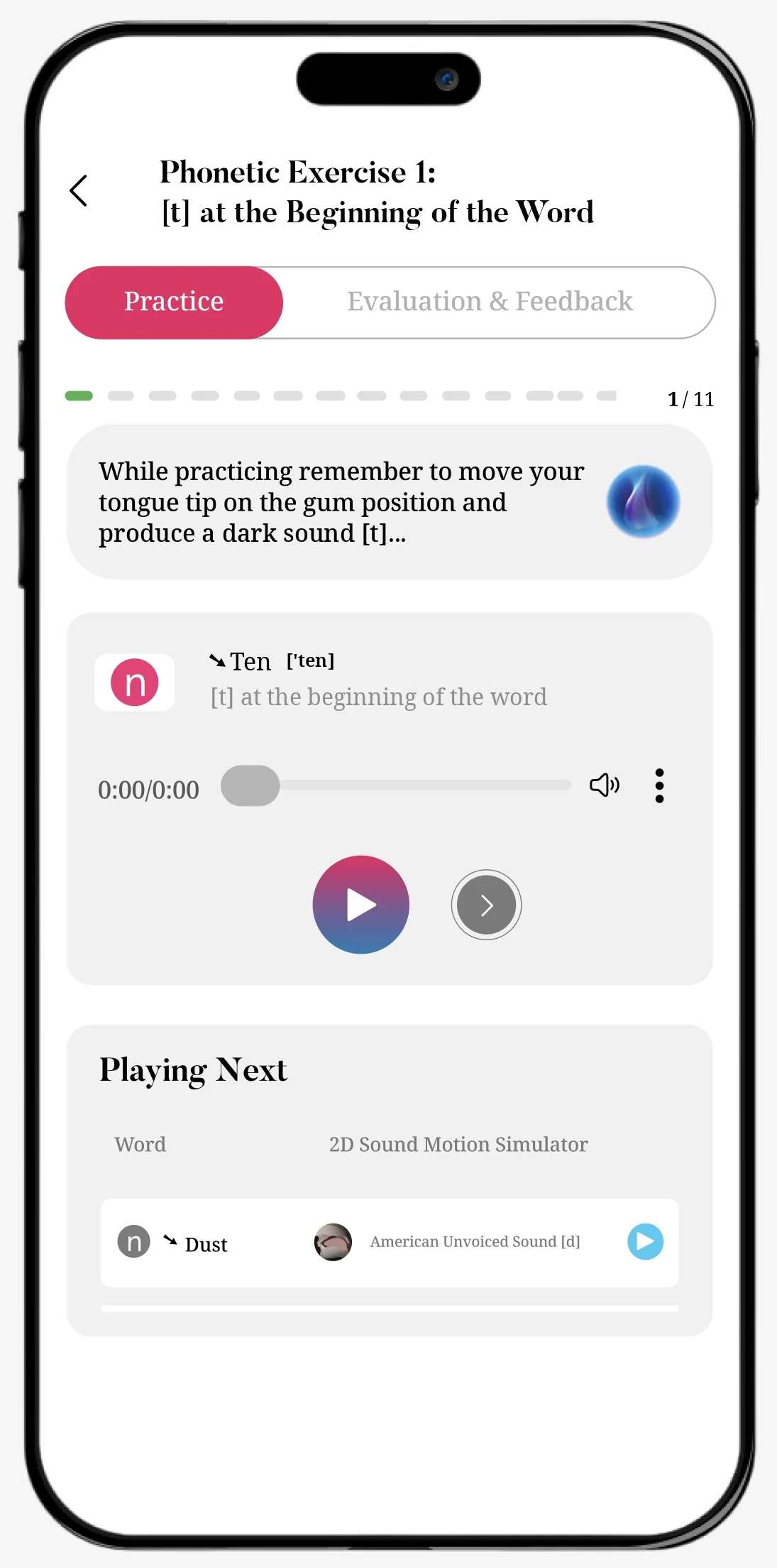 InPronunci app screen: Phonetic Exercise 1, [t] at the beginning of the word