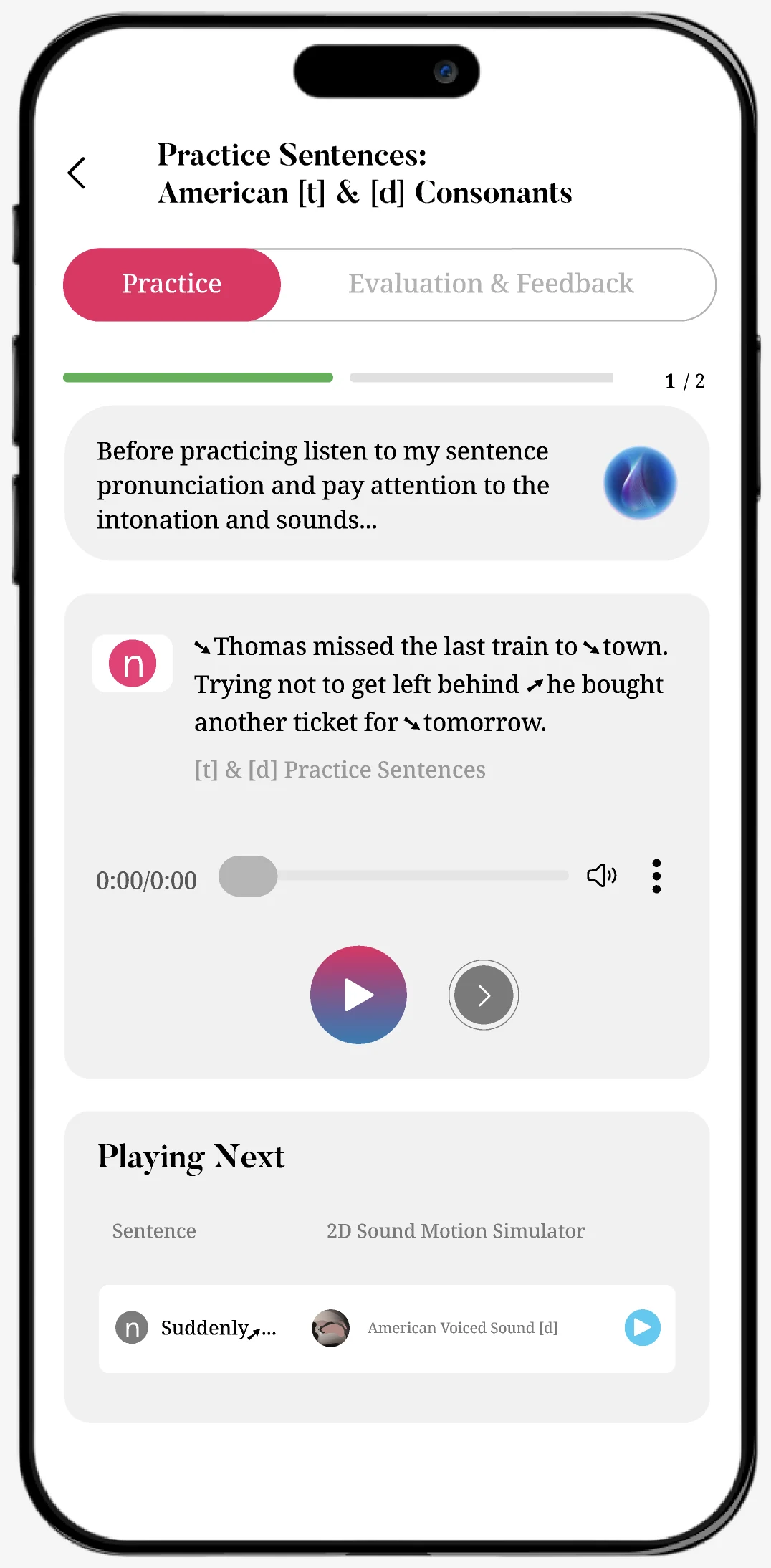 InPronunci app screen: Practice Sentences, American [t] and [d] consonants