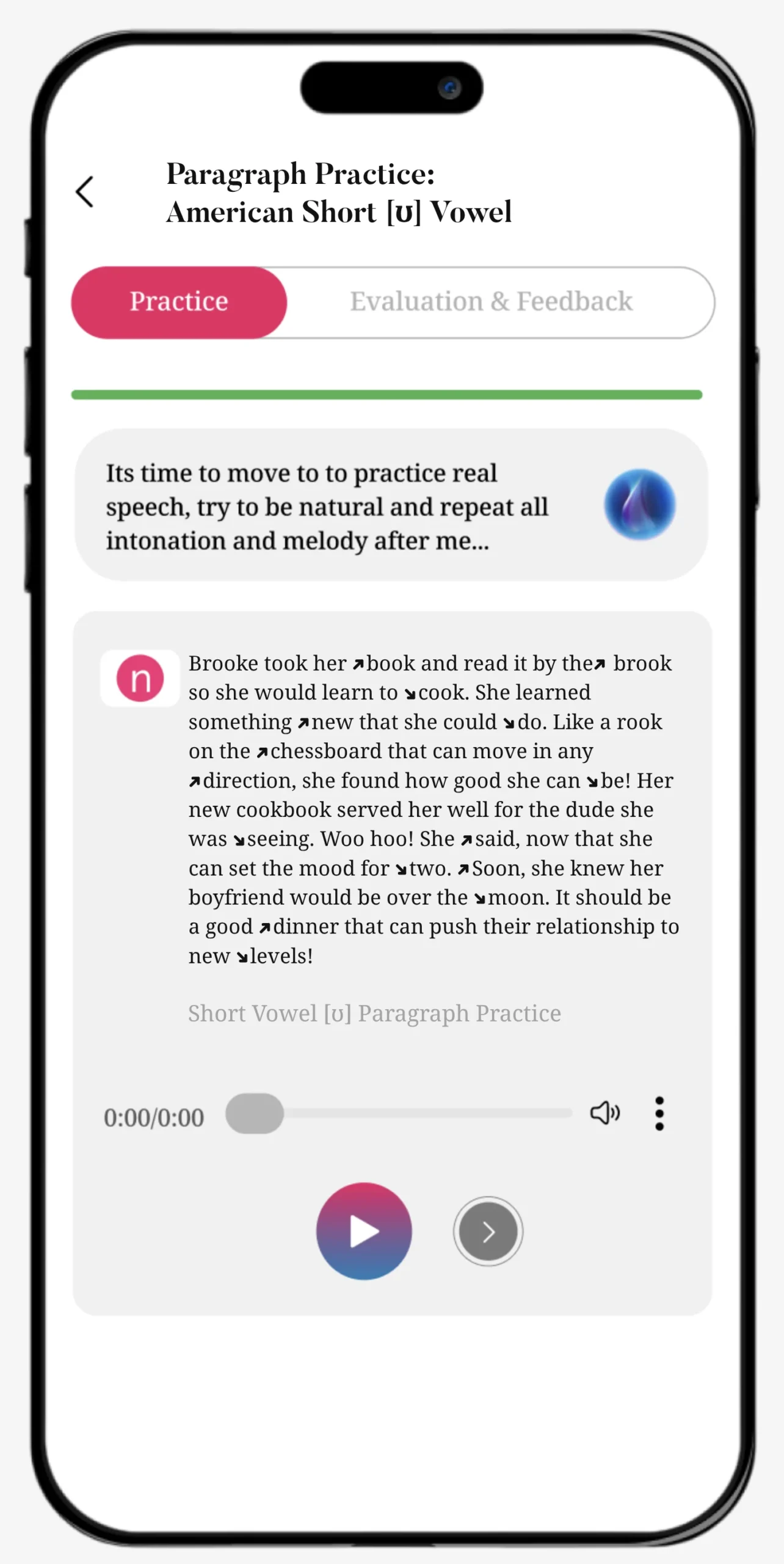 InPronunci app screen: Paragraph Practice, American short [ʊ] vowel, Brooke practice paragraph with audio player