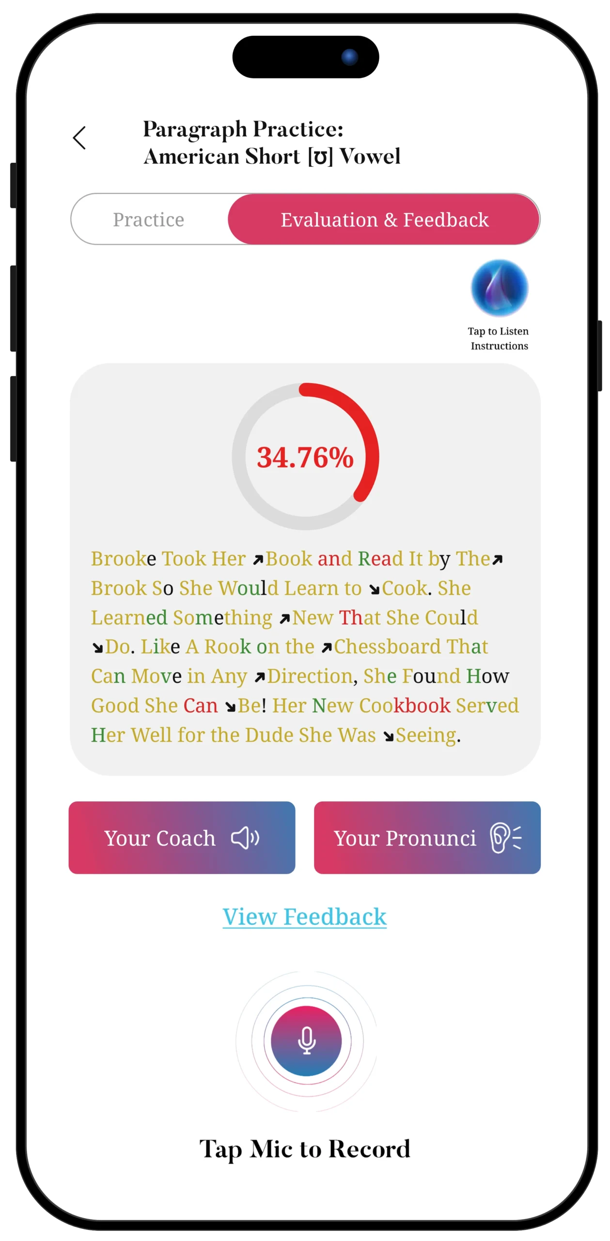 InPronunci app screen: Paragraph Practice, American short [ʊ] vowel, Evaluation and Feedback with a 34.76% score and color-coded paragraph