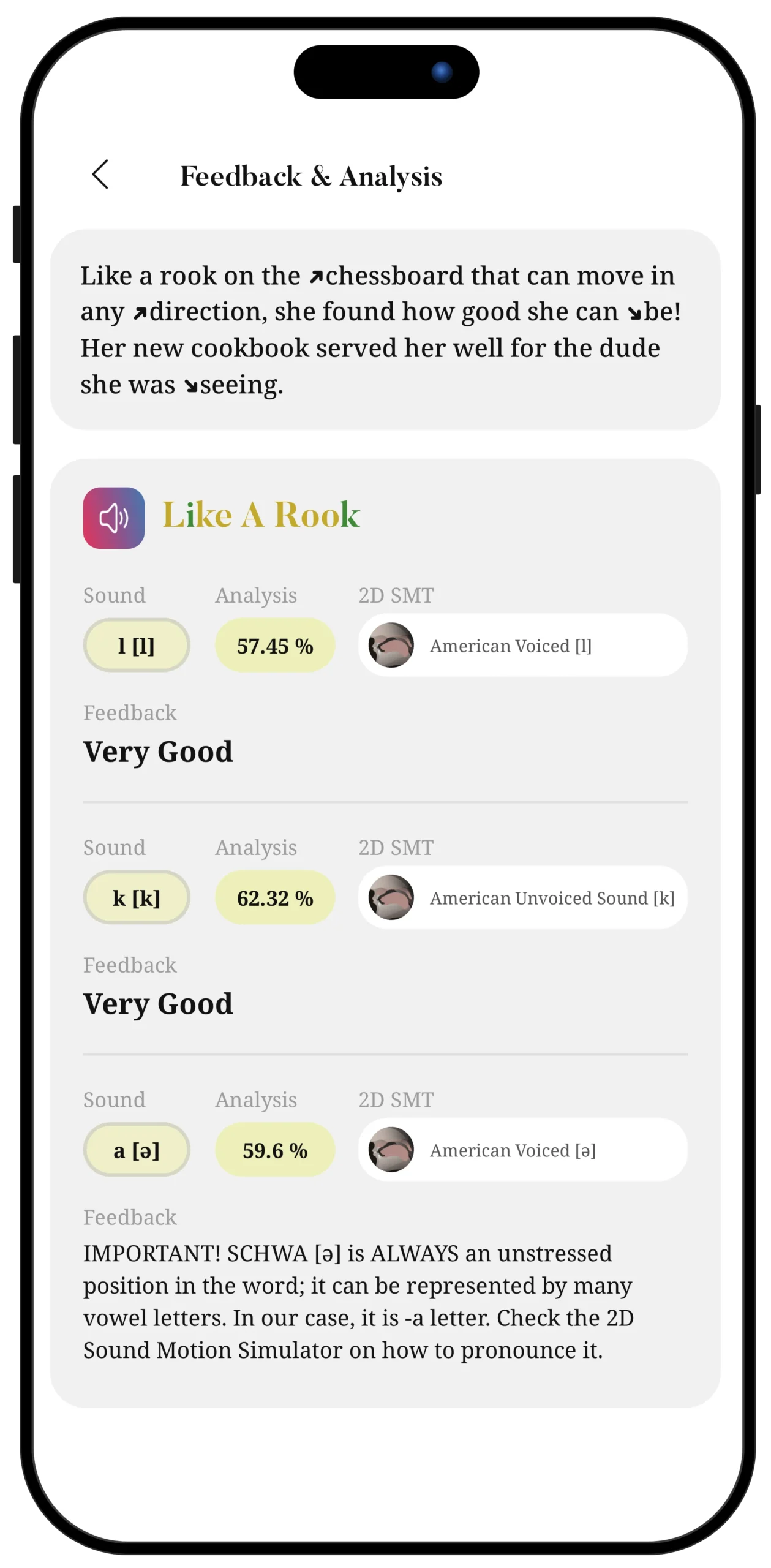 InPronunci app screen: Feedback and Analysis after paragraph evaluation, sound-by-sound scores for Like A Rook