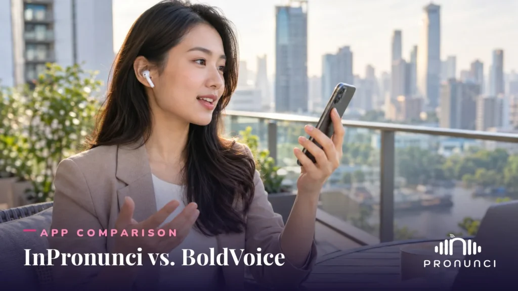 Businesswoman practicing American English speaking on her phone - InPronunci vs. BoldVoice
