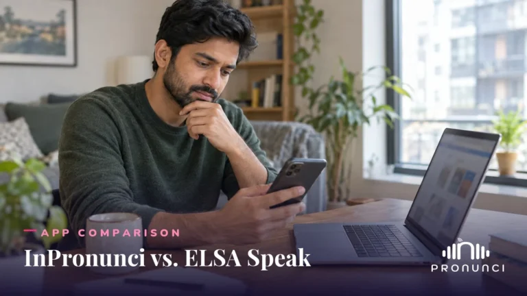 Man comparing American accent training apps on his phone - InPronunci vs. ELSA Speak