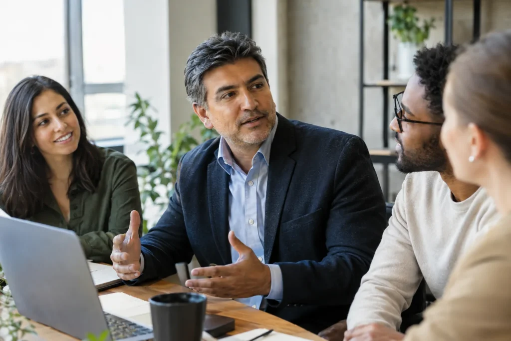 Adult professional speaking clearly and confidently in a diverse team meeting