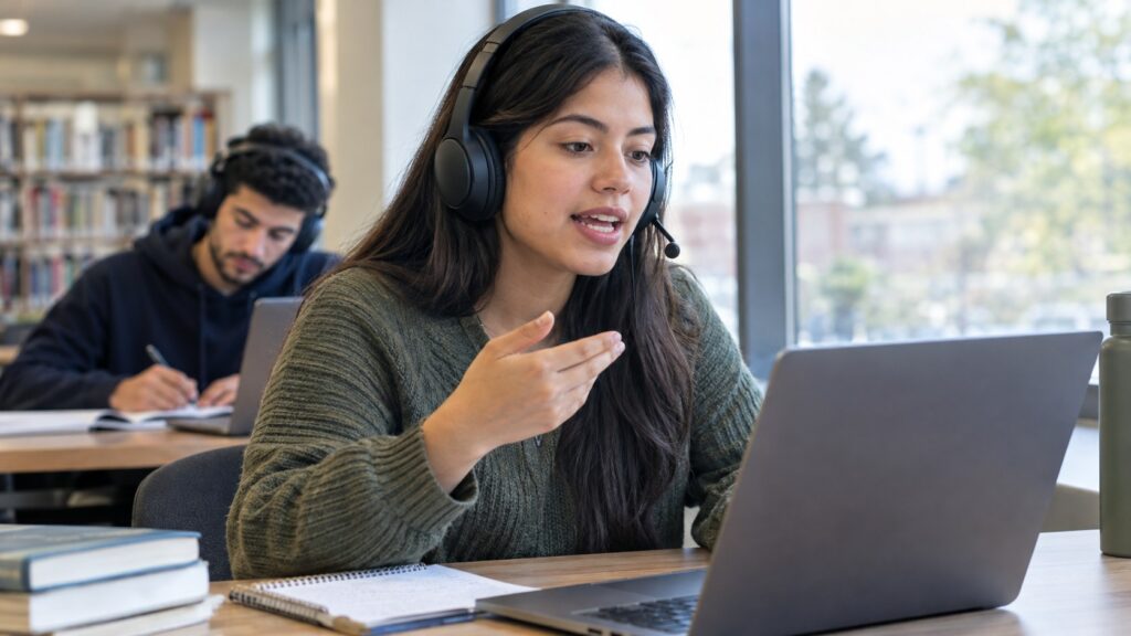 International student practicing TOEFL speaking and listening with a headset and laptop in a university library